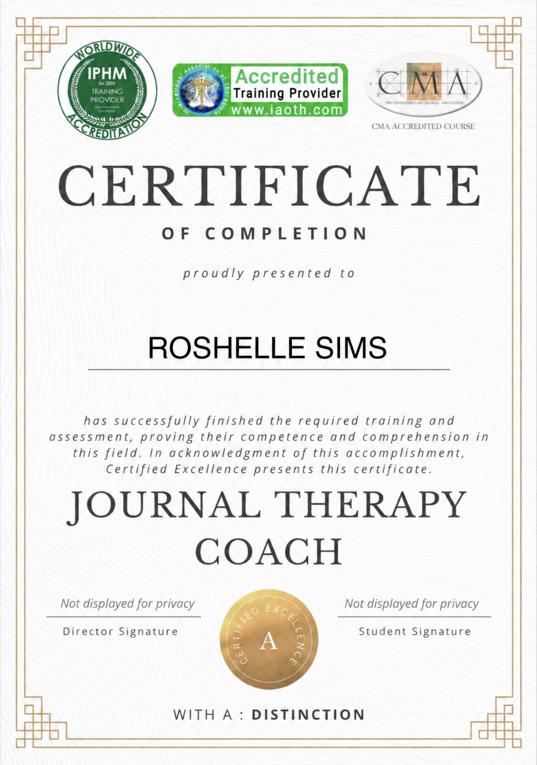Journal Therapy Coach certificate awarded with distinction to Roshelle Sims; certificate ID and signatures not displayed for privacy